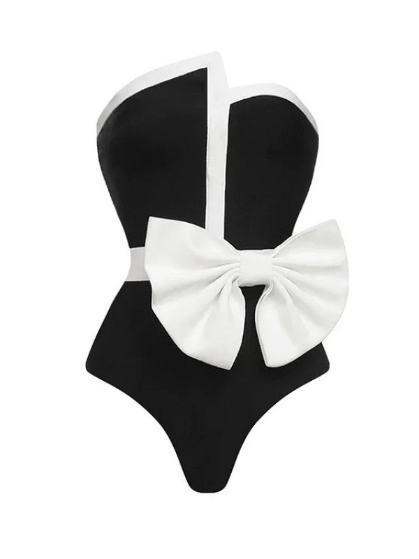 Monaco Black & White Strapless Bow One-Piece Swimsuit