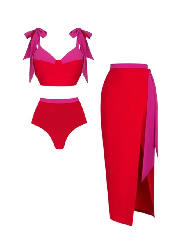 Valentina Red & Fuchsia Bikini Set with Matching Wrap Skirt