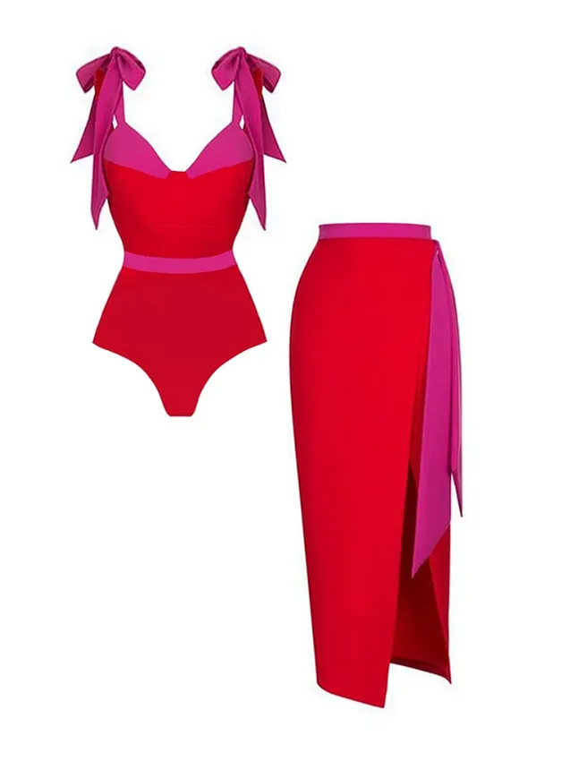 Valentina Red & Fuchsia One-Piece Swimsuit with Matching Wrap Skirt