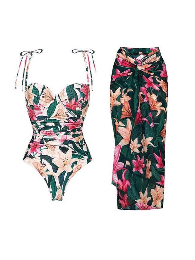 Lily Floral One-Piece Swimsuit with Matching Wrap Skirt