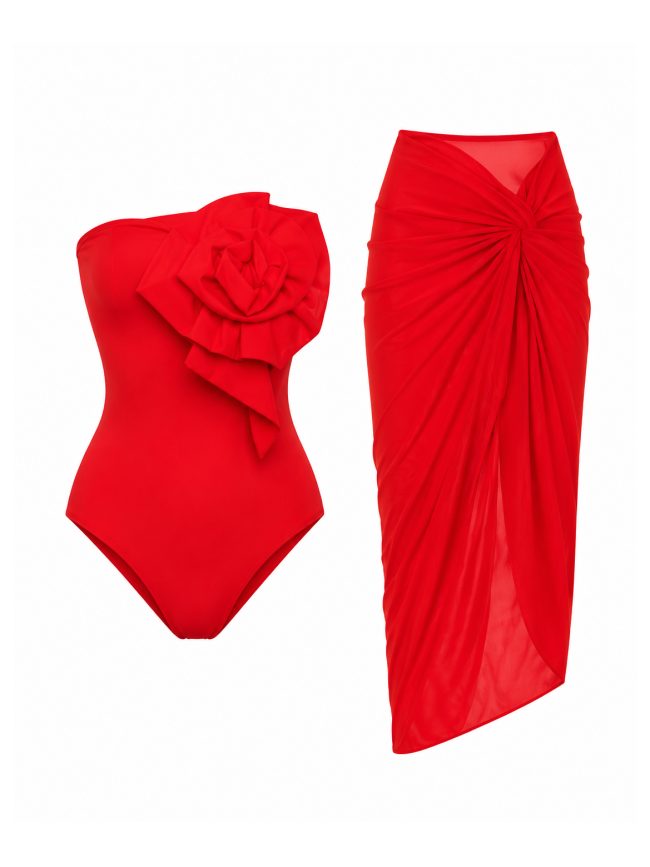 Red Floral One-Piece Swimsuit with Matching Wrap Skirt