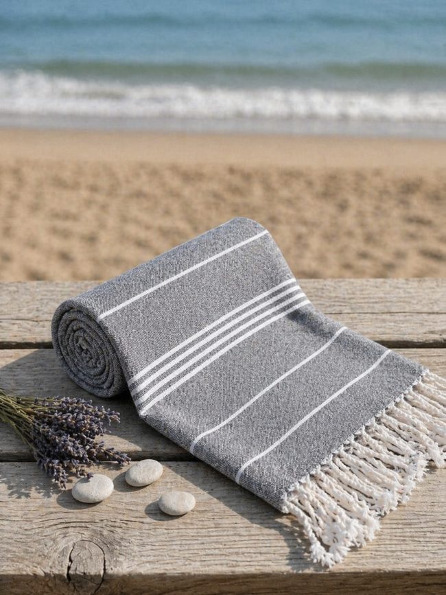 Soft Gray Striped Beach Towel – 100 × 180 cm