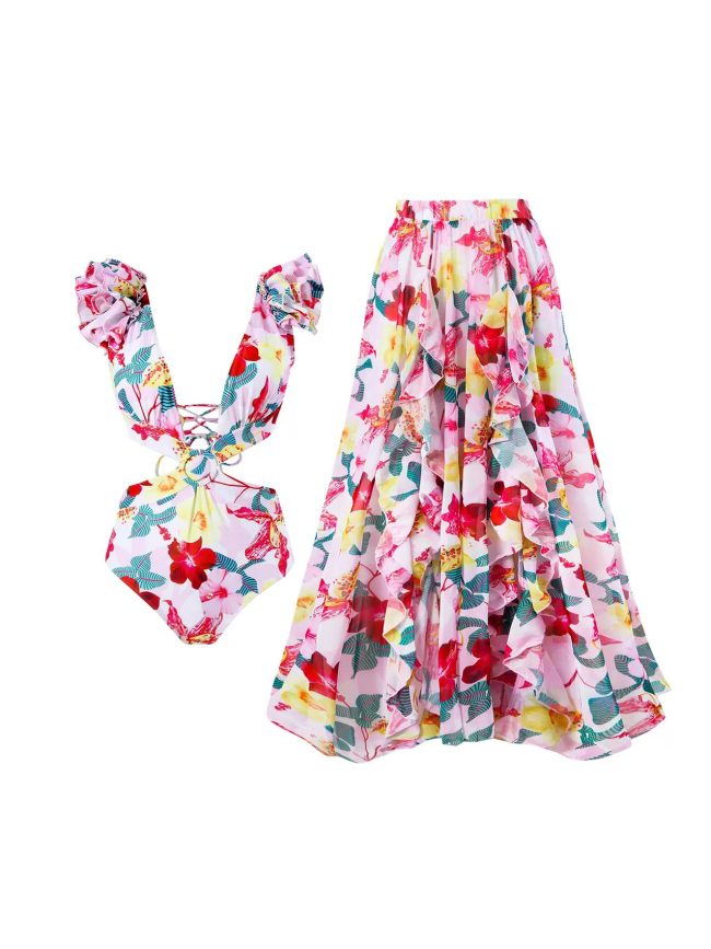 Rose Blossom Cut-Out One-Piece & Ruffle Skirt Set