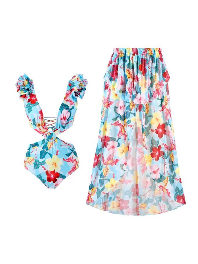 Sky Blossom Cut-Out One-Piece & Tiered Skirt Set