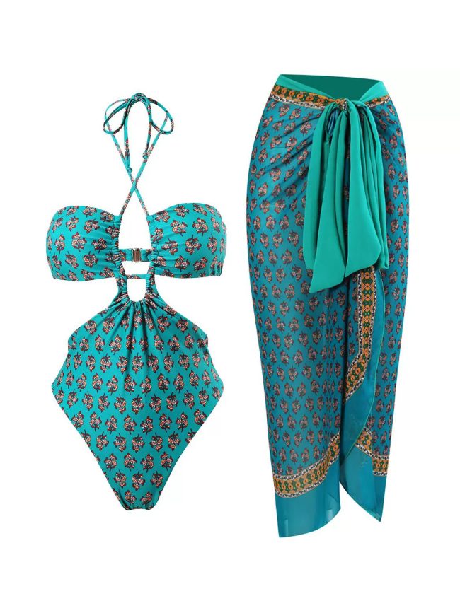 Turquoise Floral Cut-Out One-Piece & Pareo Set