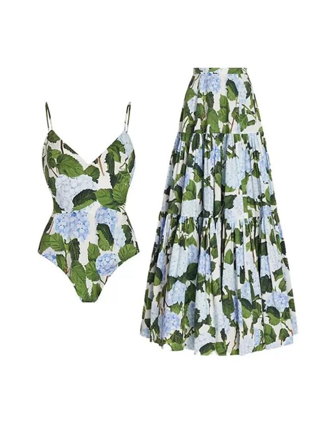 Blue Hydrangea One-Piece & Tiered Skirt Set