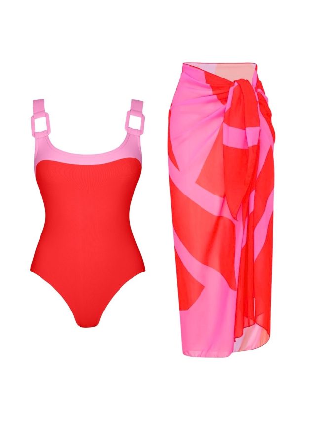 Coral & Pink Square-Trim One-Piece & Pareo Set